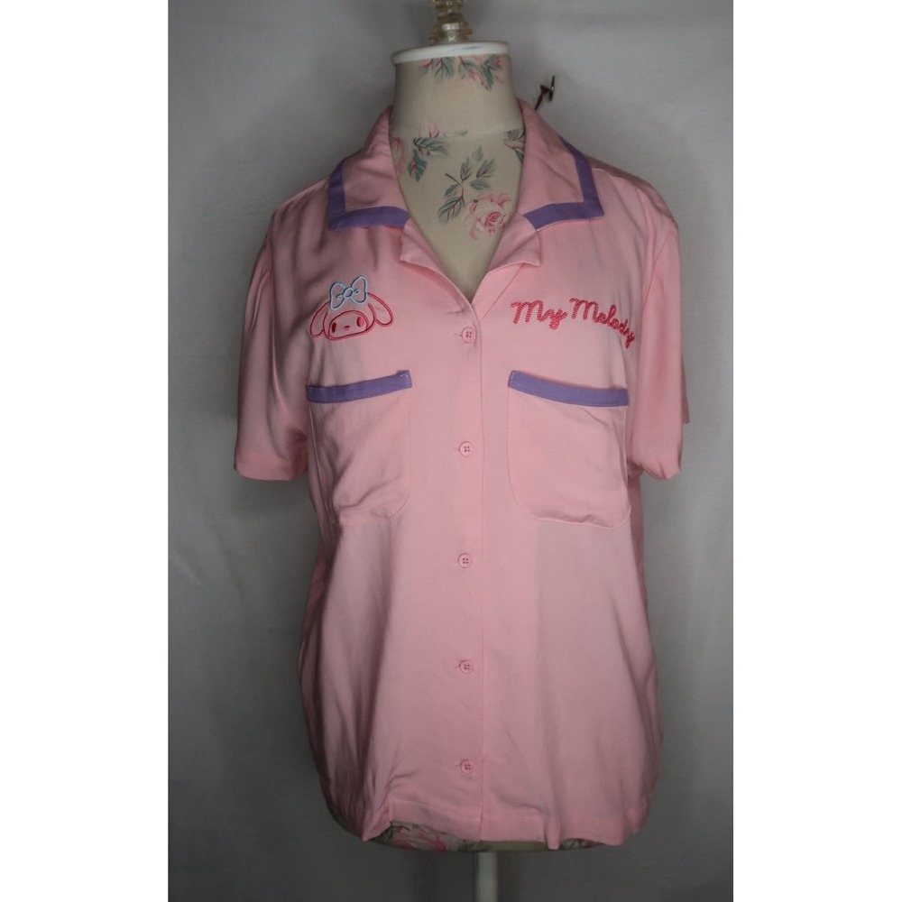 Sanrio My Melody Kuromi Embroidered Button Shirt Pink Womens Medium Kawaii EUC